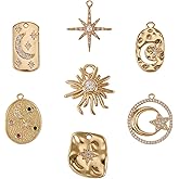 COGCHARGER 7 Pieces Brass Cubic Zirconia Charm Pendants Moon Star Rectangle Brass Charm Golden for Jewelry Necklace Bracelet Earring Making Crafts