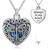 JKR Butterfly/Dragonfly/Ladybug/Bee/Hummingbird Heart Urn Necklace for Ashes for Women Sterling Silver Abalone Shell Cremation Jewelry Memorial with Funnel Filler