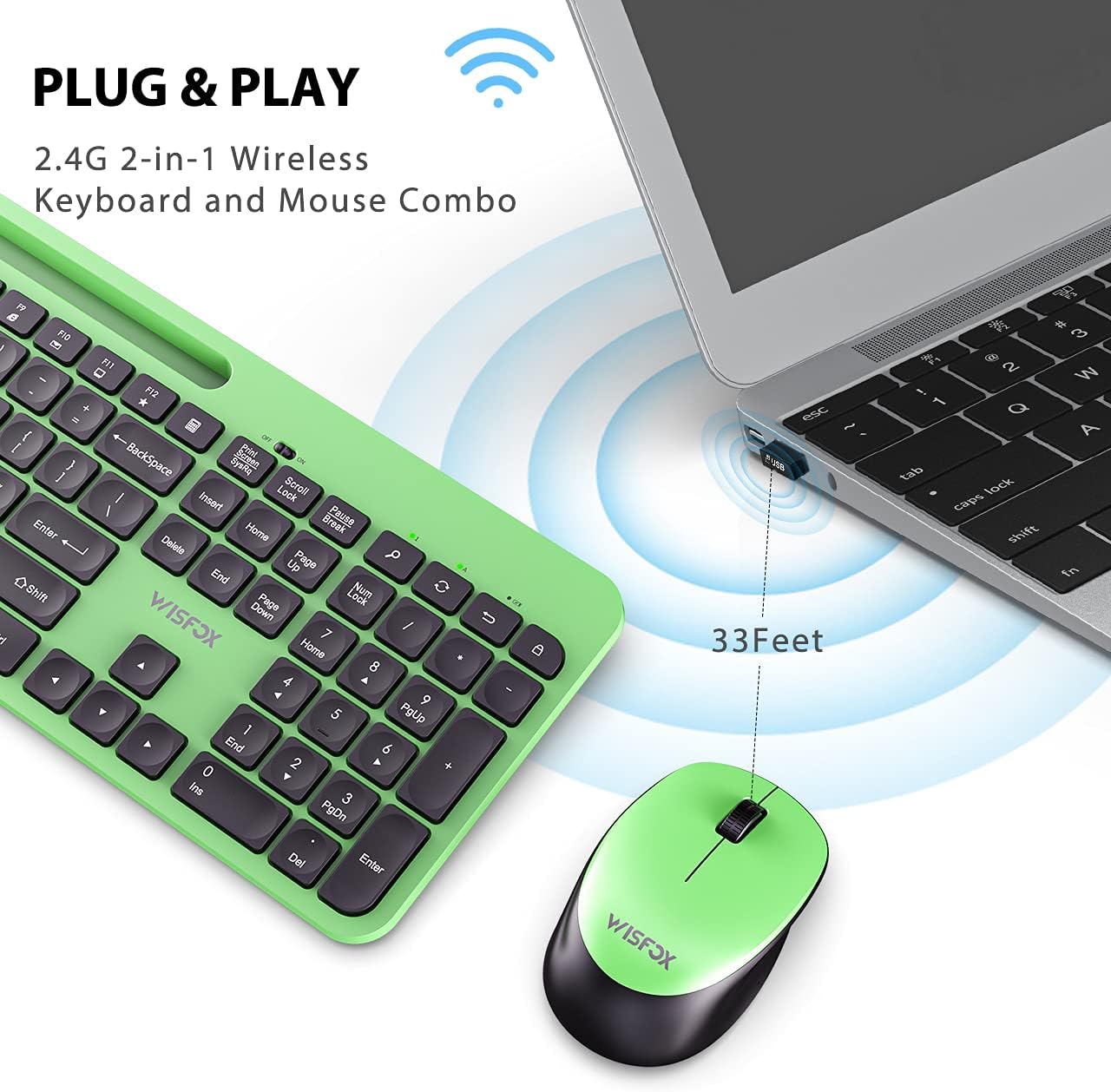 Wireless Keyboard and Mouse Combo, WisFox 2.4G Ergonomic USB Keyboard with Phone Holder, Full-Size Keyboard and Mouse Set for Computer, Laptop and Desktop(Green and Black): Computers & Accessories