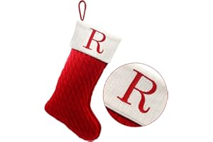 ZOEA 20 Inches Christmas Stockings with Initials, Large Embroidered Letter Knit Christmas Stocking for Family Holiday Decorations and Xmas Gift (R, Red)
