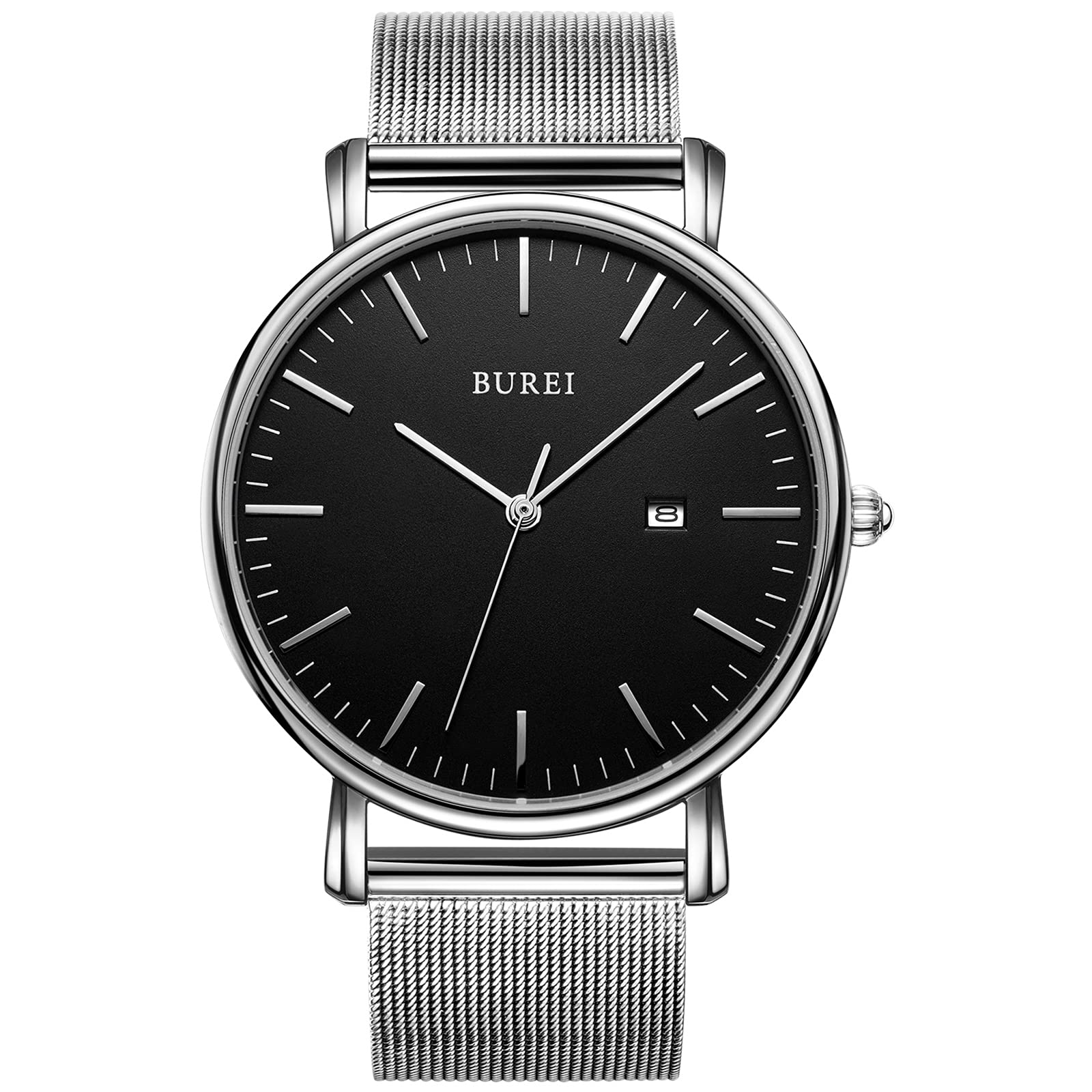 BUREI Men's Watches, Classic Analogue Dial with Date Japanese Quartz and Ultra-Thin Stainless Steel Mesh Band (Black Silver Mesh Belt, Stainless Steel) — image 1