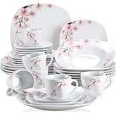 VEWEET 30 PCS Ceramic Dinnerware Sets for 6, Pink Floral Dish Set, ANNIE | Porcelain Dinner Set Including Dessert Plates, Soup Plates, Dinner Plates, Cups &amp; Saucers, Microwave &amp; Dishwasher Safe