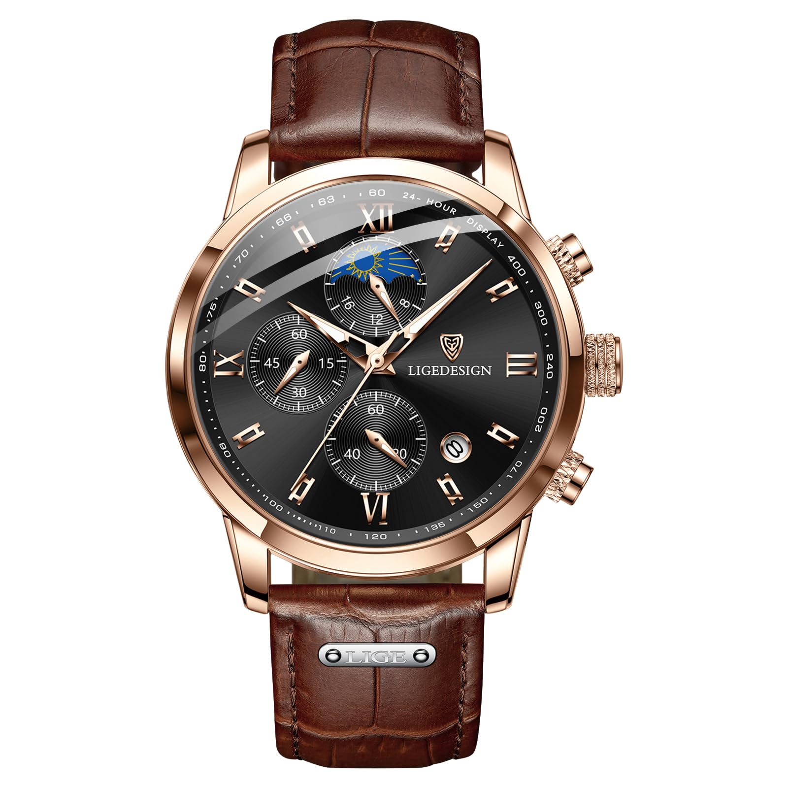 LIGE Men Watches | Waterproof Wrist Analogue Gents Chronograph Vintage Mens Watch Retro 30M Waterproof Leather Luminous Analog Quartz with Date & Moon Phase Display Men's Gift,Brown Black