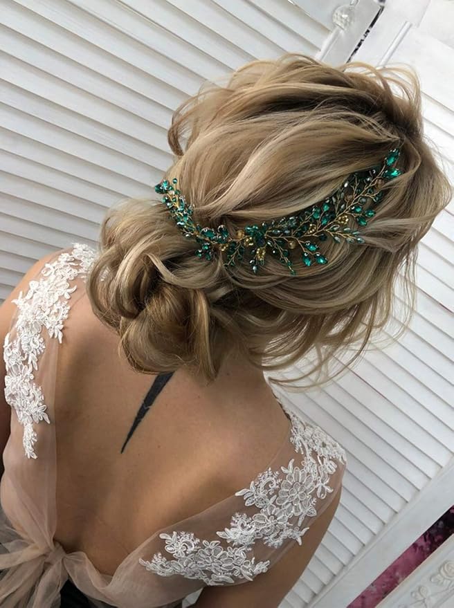 Denifery Emerald Wedding Hair Piece Green Hair Vine Bridal Gold Jewelry Headpiece