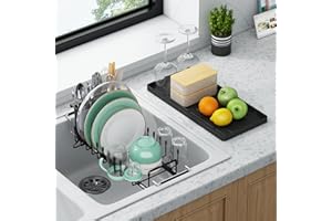 Dish Drying Rack - Aufworld Expandable Small Sink Dish Rack with Silicone Drying Tray, Over Sink Dish Drainer for Kitchen Cou