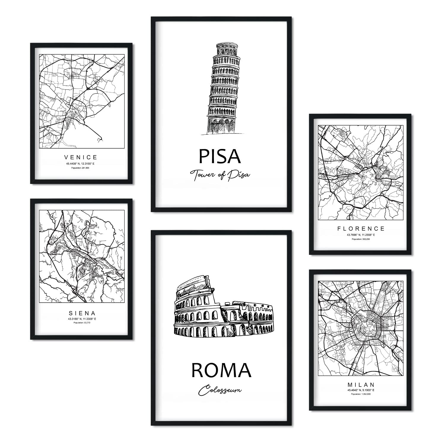 Nacnic Set of 6 prints of Italy. Aesthetic posters of maps and monuments in Black and White for your home, business, office. Nordic style interior decoration. A4 and A3 sizes. Without frame.