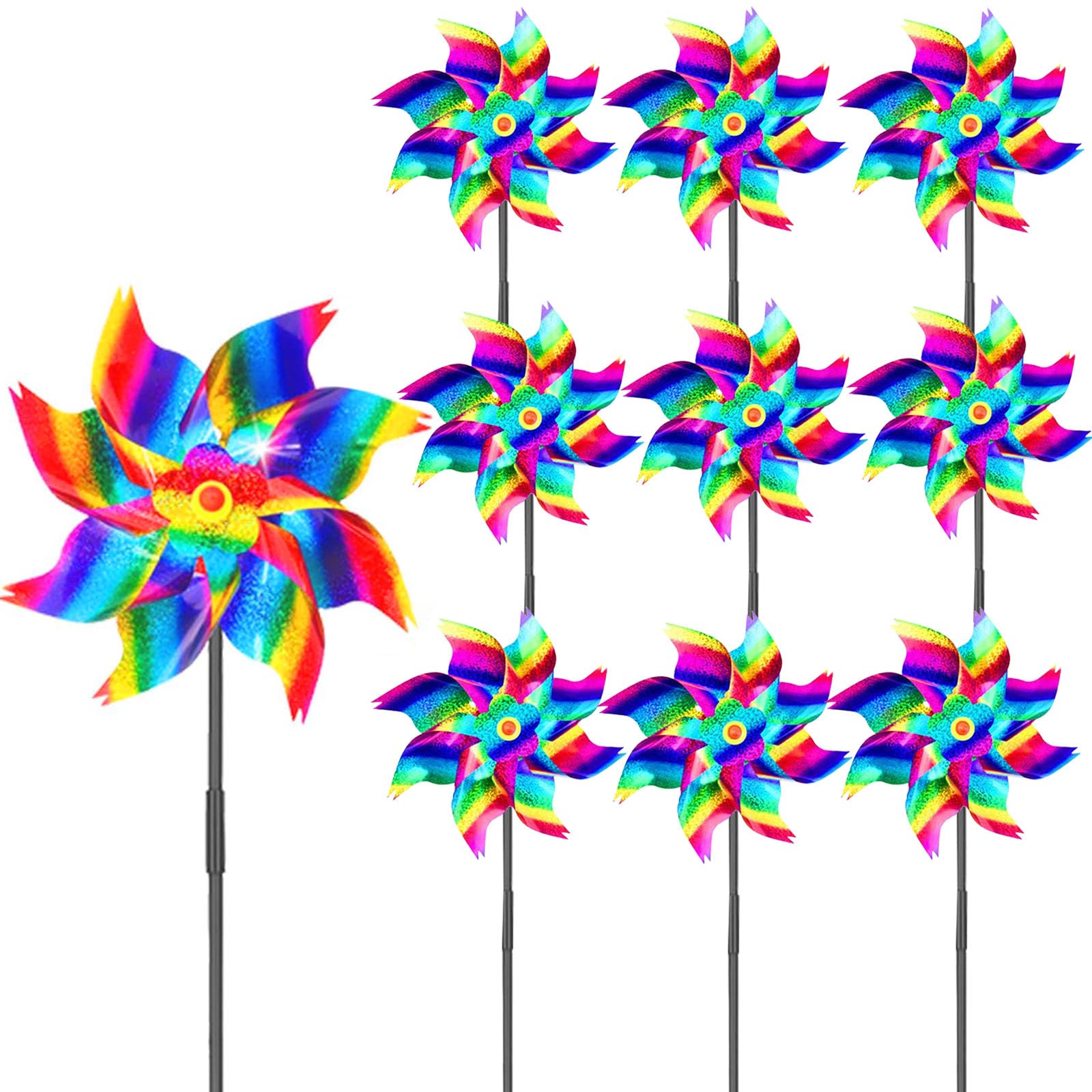 10 Pack Reflective Bird Scarers Windmills for Garden, Farm, Patio - Large Multicolor Pinwheel Wind Spinners Scare Birds Away