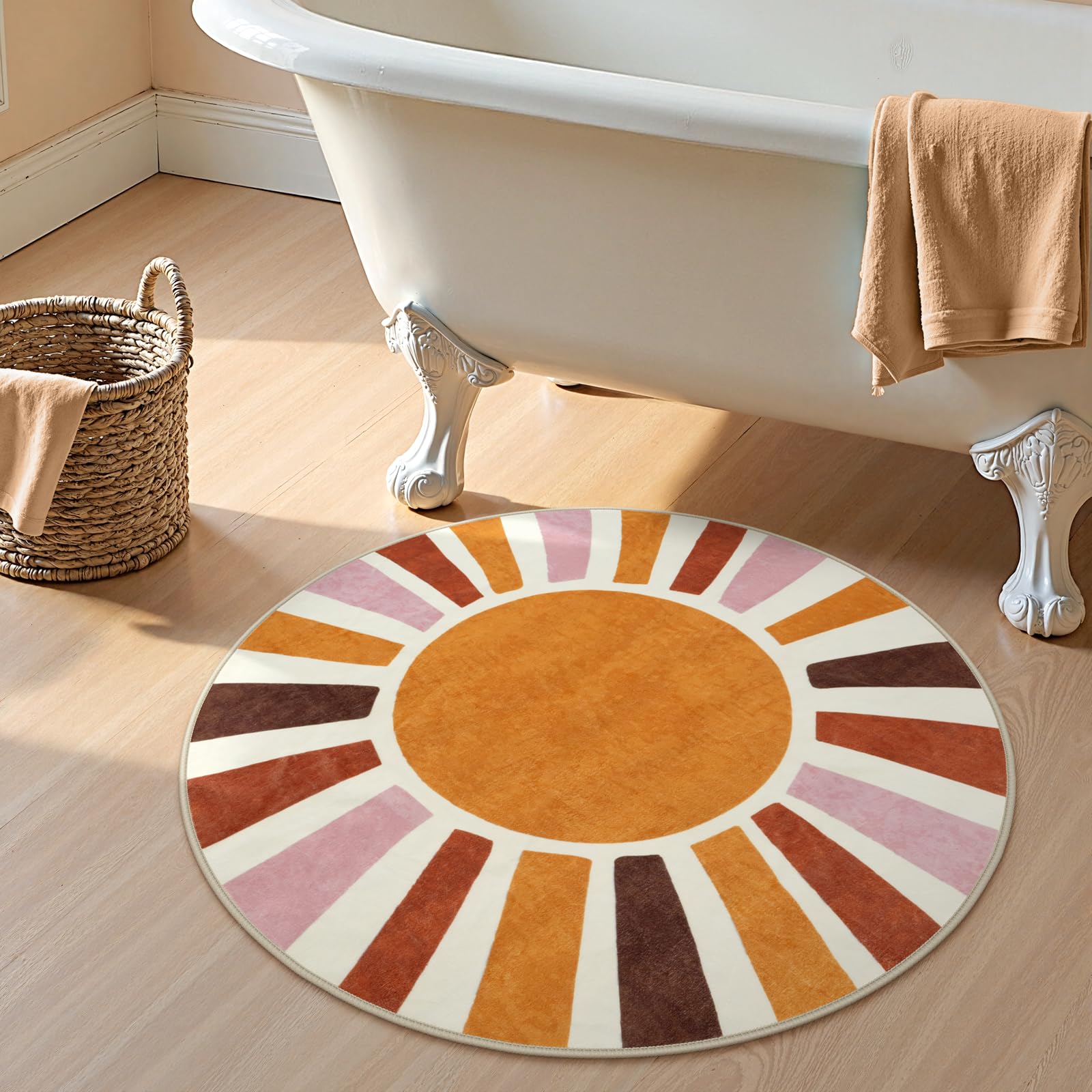 Photo 1 of LIVEBOX Retro Sun Round Bathroom Rug 3 ft, Colorful Boho Rug Soft Circle Entryway Rugs for Bedroom, Cute Washable Non-Slip Kids Carpet Doormat for Dorm Living Room Nursery Room