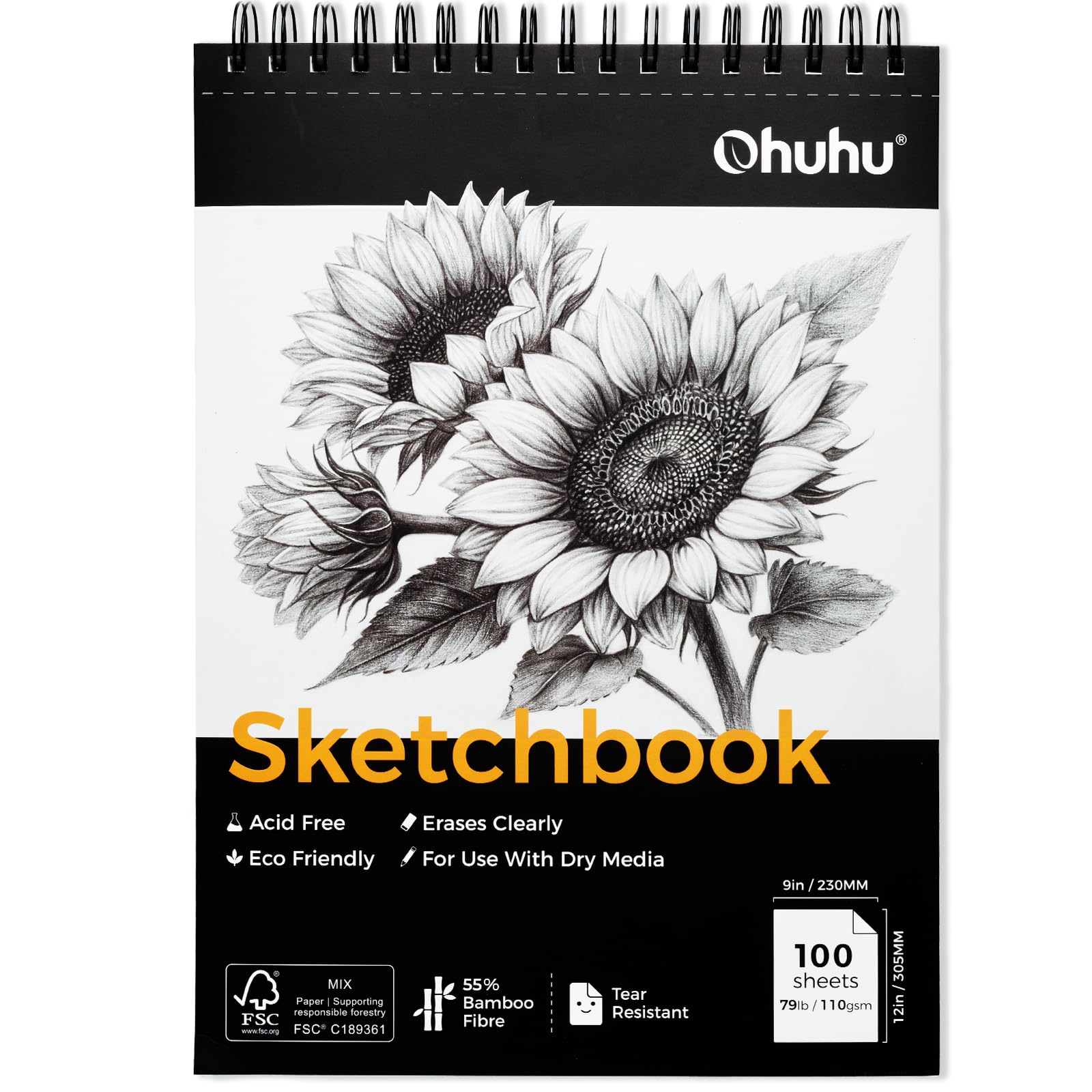 Ohuhu 9x12 Tear-Resistant Sketch Book - Bamboo Fiber Drawing Sketchbook - Top Spiral-Bound Sketch Pad - 100 Sheets Sketching Book - 79 lb/110 GSM - Acid-Free Art Drawing Painting Paper for Artists
