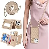 DEYHU for iPhone 12 Pro Max Case with Card Holder and Strap for Women,Crossbody Lanyard, Make Up Mirror,Ring Stand,Snap Clasp,Cute Phone Wallet Cases 6.7 inch - Off-White