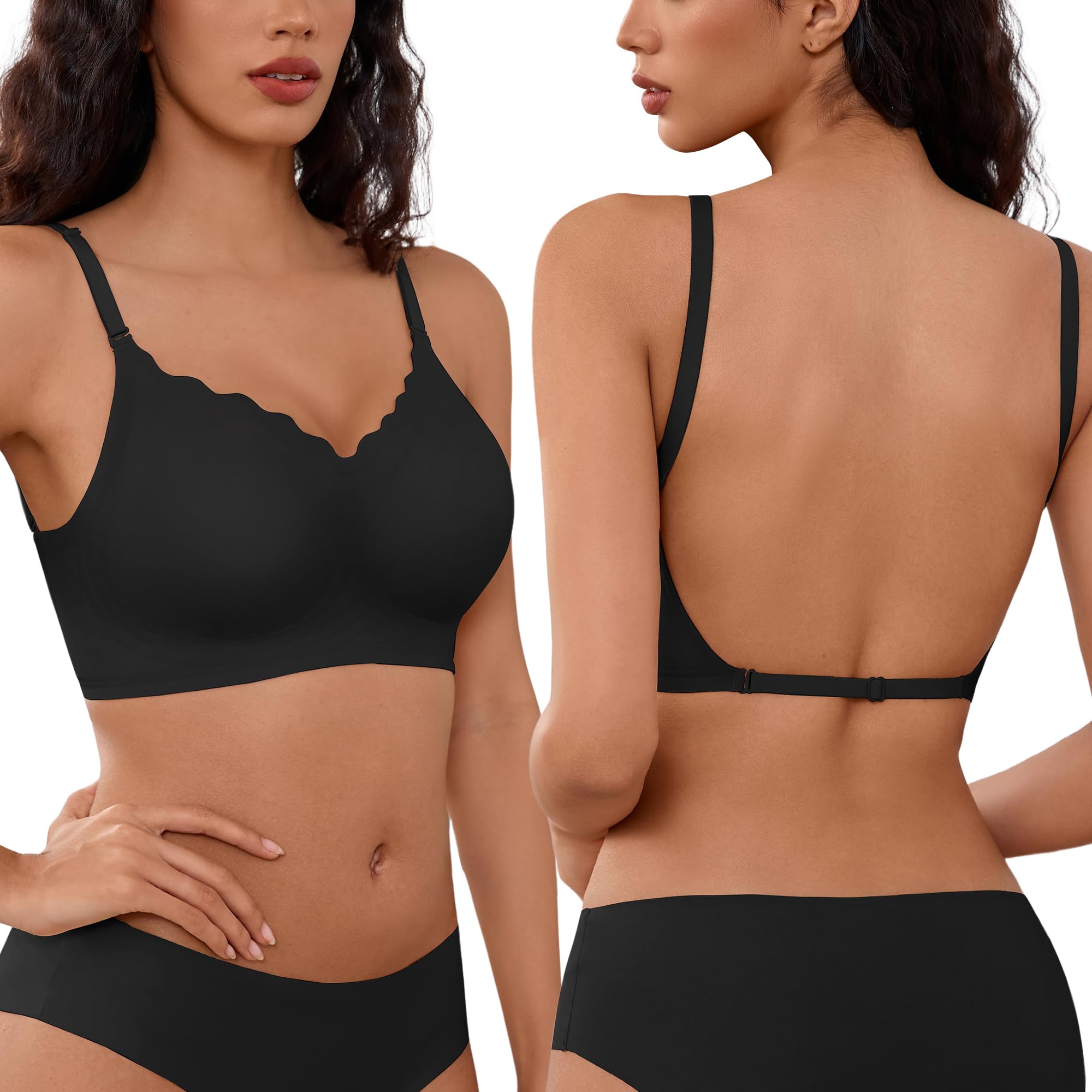 Photo 1 of Low Back Bras for Women Backless - Clear Back Push Up Plunge Halter Dress Bra - Padded Deep V Neck Low Cut Dance Bras - Black Nude Cross Convertible Seamless Bralette Open Back No Underwire