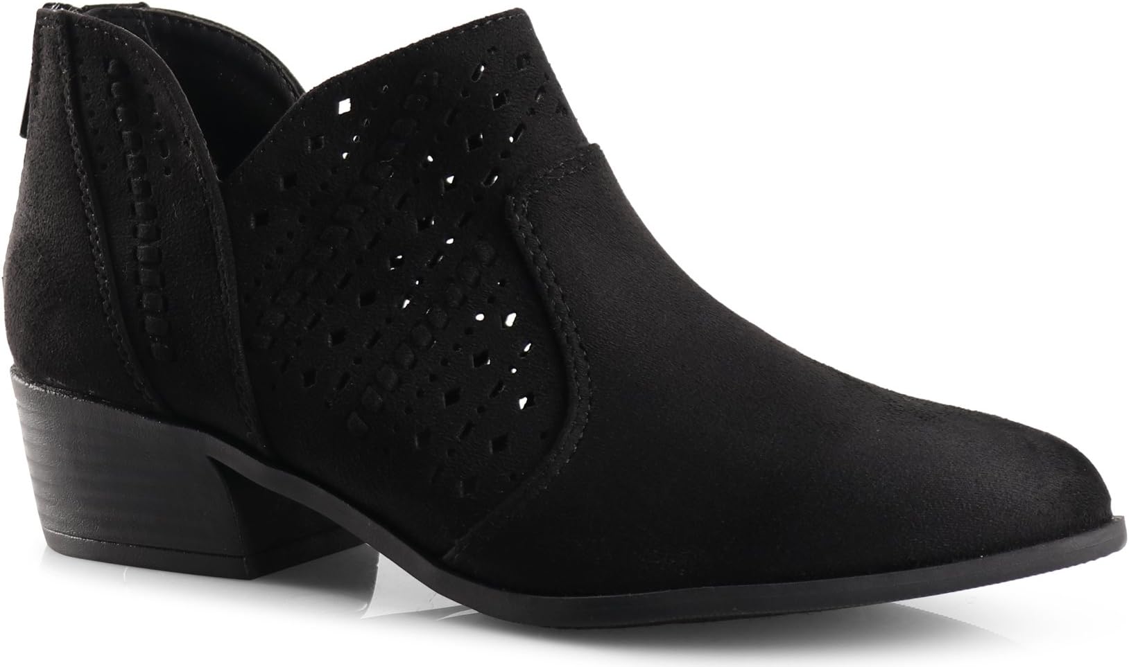 Perforated Laser Cut Out Stacked Chunky Low Heel Ankle Bootie - Side V-Cut Back Zipper Boots