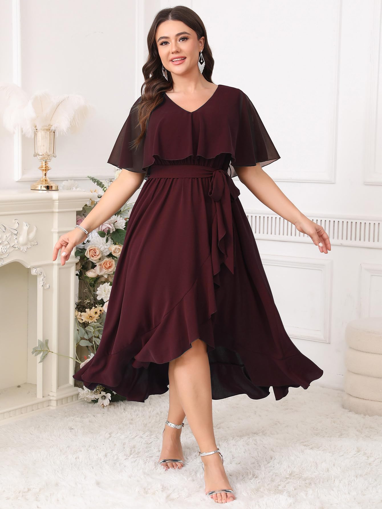 Condition photo showing New/Like New for women plus size long formal dress short sleeve chiffon ruffle v neck high low split wedding guest ma