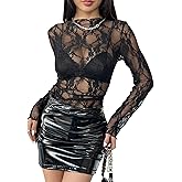 FEOYA Lace Long Sleeve Tops for Women Floral Mesh Sheer Shirt Sexy Mock Neck See Through Undershirt Western Going Out Outfit