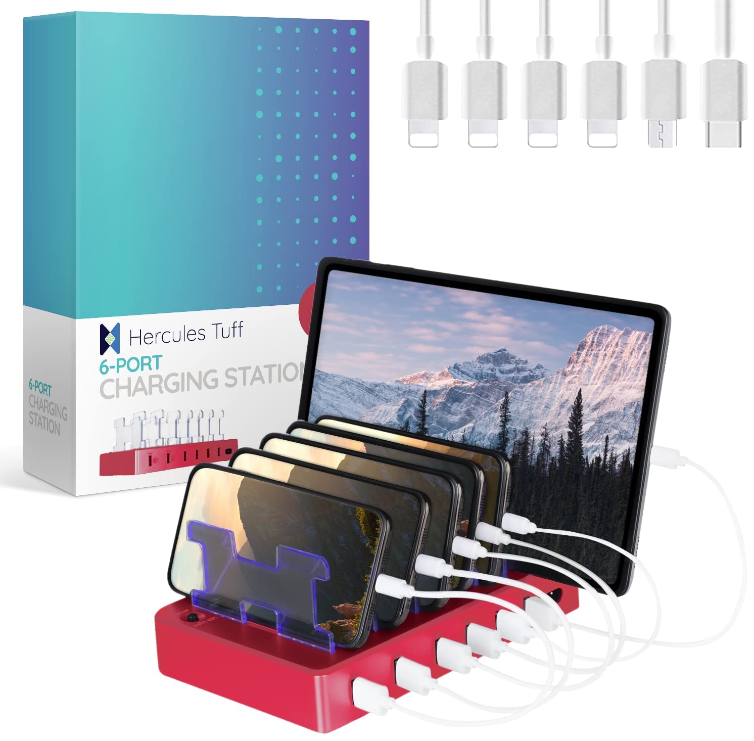 Charging Station for Multiple Devices – 6-Port USB Charging Dock for Apple & Android – Fast Multi-Charger Organizer for Phones, Tablets & More (Pink)