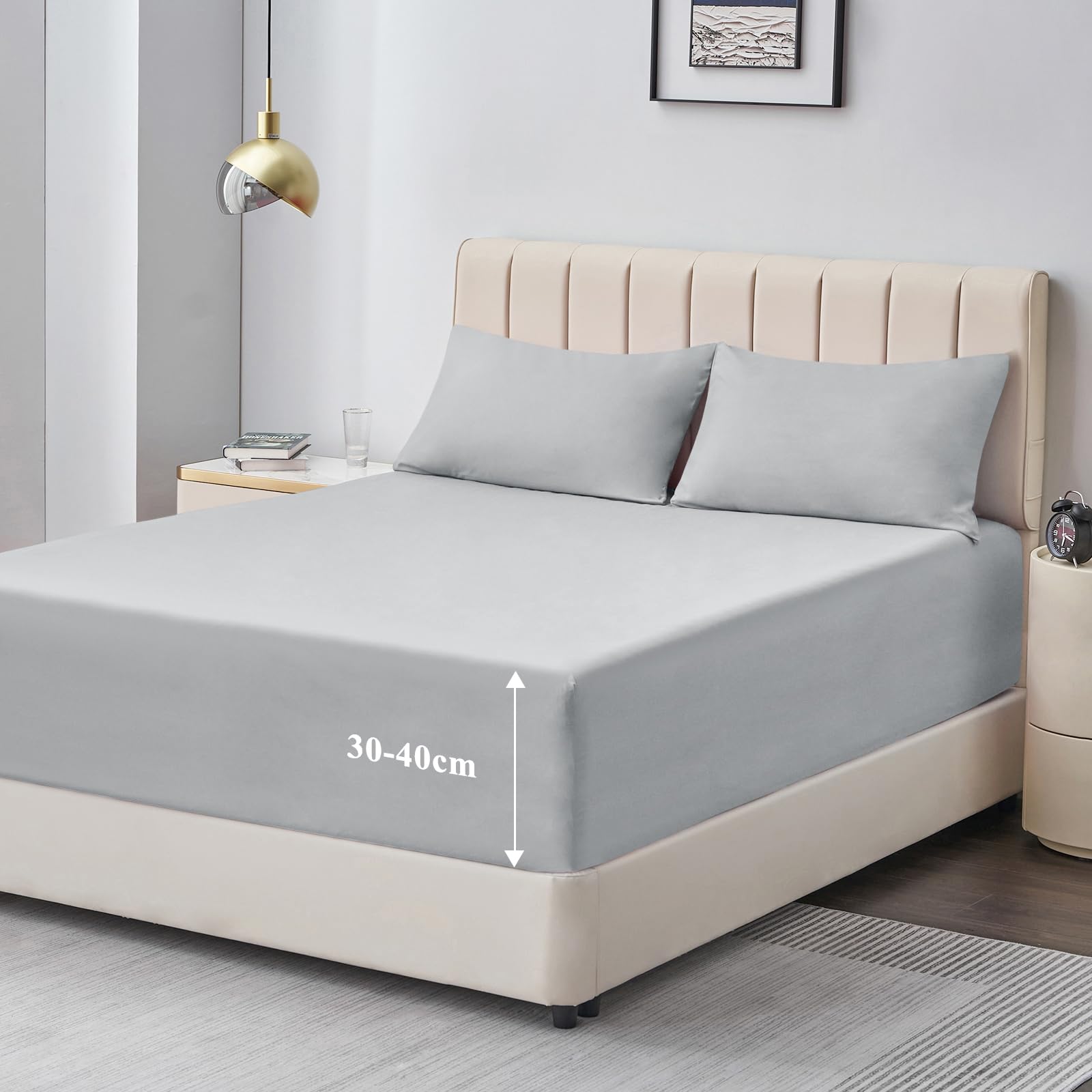 Aisbo Super King Fitted Sheet Grey - Extra Deep Pocket Bed Sheet 16 inch 40 cm - Microfiber Bottom Sheet, 183x200cm