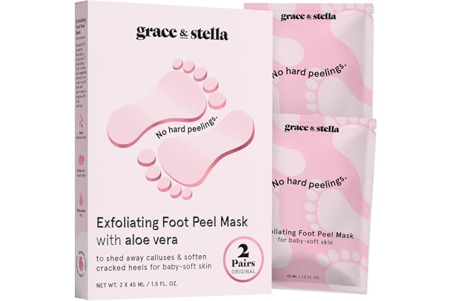 grace & stella Award-Winning Foot Peel Mask – Foot Peeling Mask with Aloe Vera – Moisturizing Foot Mask for Dry Cracked Feet – Foot Exfoliator for Baby Soft Feet (2 Pairs, Unscented)