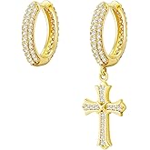 KRKC Cross Dangle Earrings - Sterling Silver Hoop, 14K Gold Plated, Hypoallergenic, 15mm Cross Dangle Drop Round Earrings for Men & Women