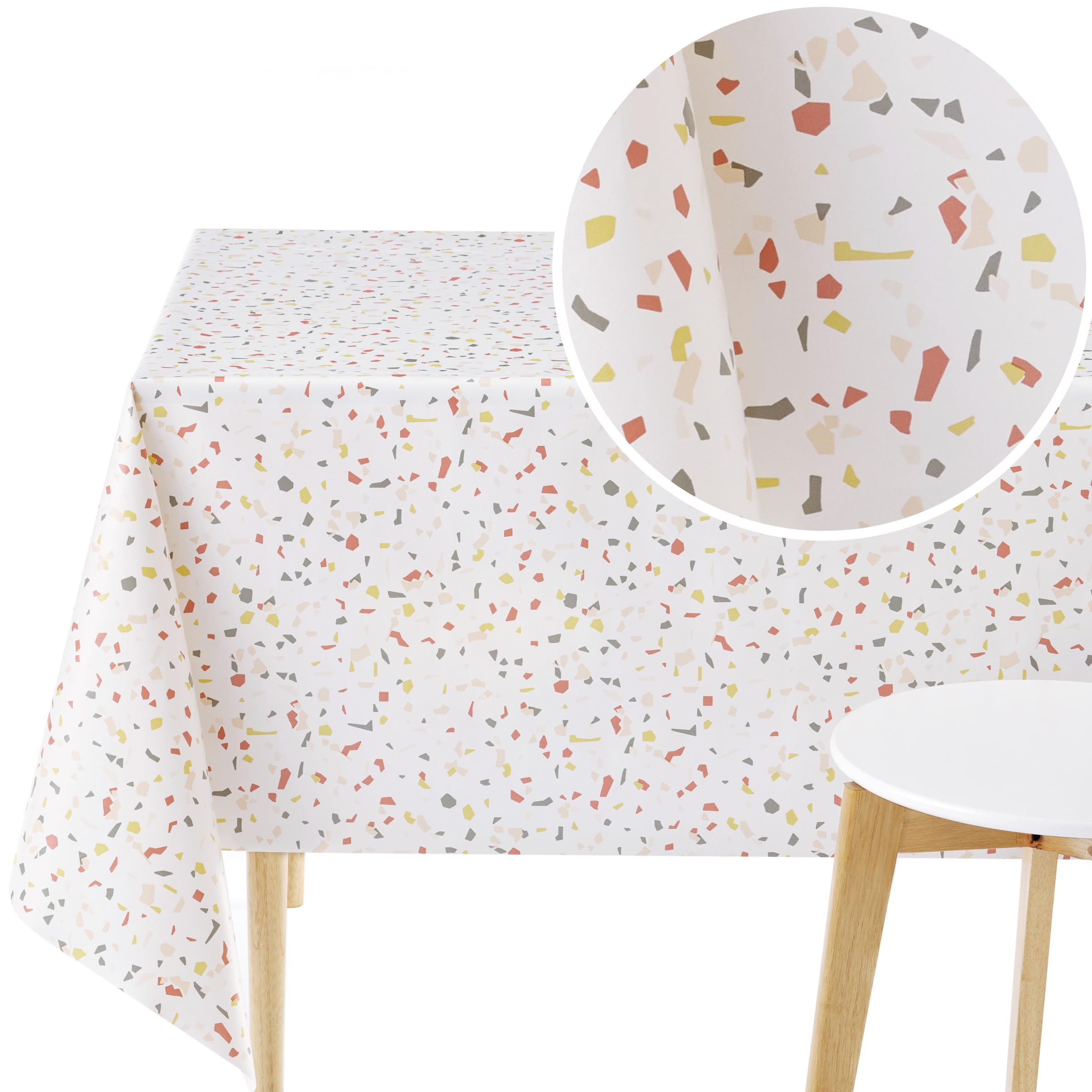 KP HOME PVC Wipe Clean Table Cloth Rectangular 250x140 cm / 98x55 In - Wipeable Tablecloth Up To 8 Seats - Waterproof Vinyl Oilcloth Multicolored Terrazzo Pattern on Cream White Background — image 1