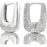 Caralon Small Gold & Silver Huggie Hoops for Women:Rectangle,Paperclip,Teardrop,U-Shape,Horseshoe, Square,Trapezoid,Oval⨯ Designs,Champagne&White Gold Plated Pave CZ,Hypoallergenic Daily Earrings