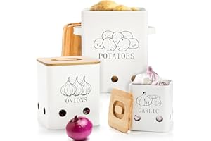 WUWEOT 3 Pack Vegetable Storage Tins, Metal Onion Garlic Potato Jars Set, Kitchen Canisters Vegetable Keeper Containers with 