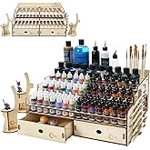 OPHIR Wooden Paint Organizer, Acrylic Paint Storage Rack with 104 Holes of 2 Sizes for Miniature Paints Set, Includes 2 Drawe
