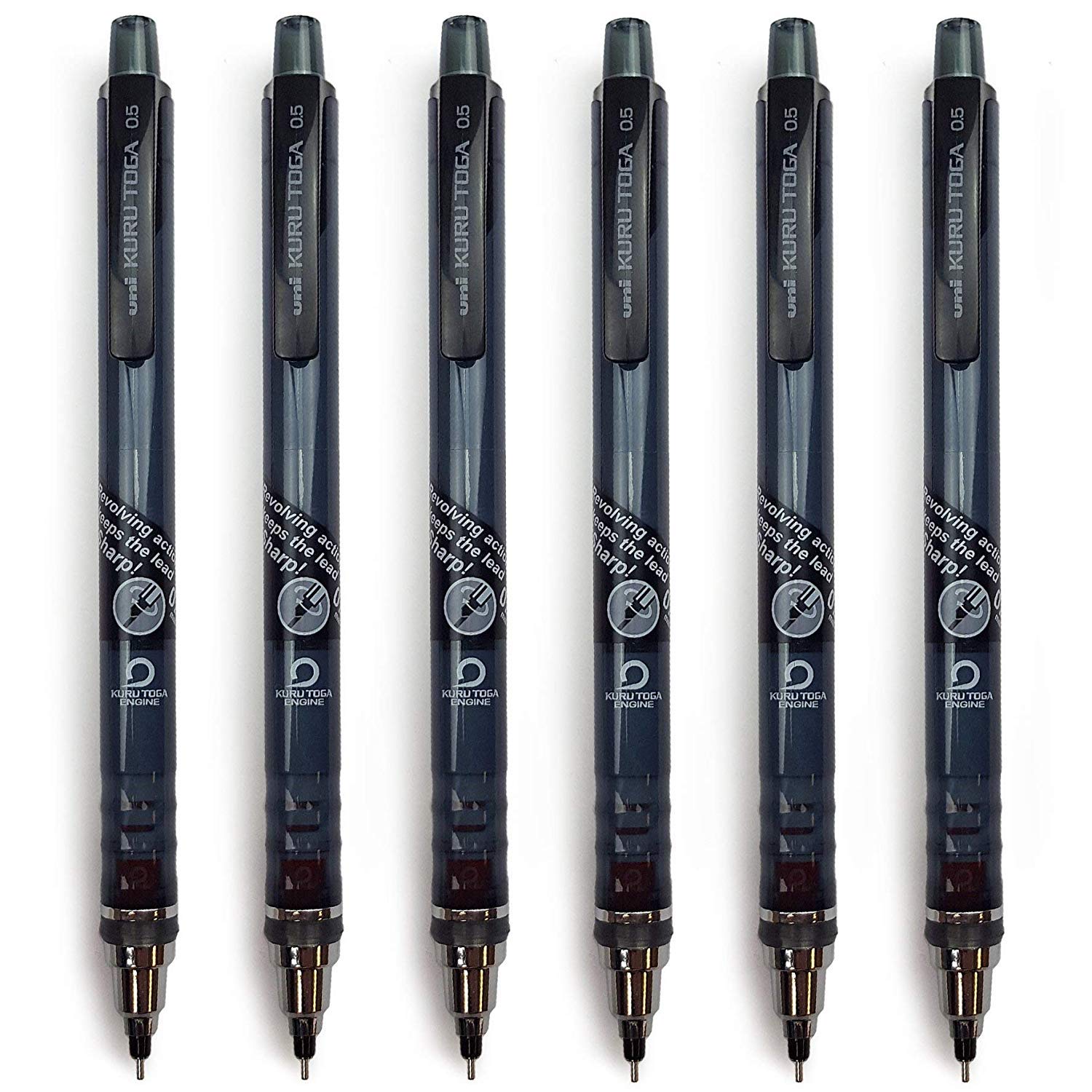 Kuru Toga 6 x UNI-BALL SELF SHARPENING MECHANICAL PENCIL - 0.5mm - Smoke Barrel