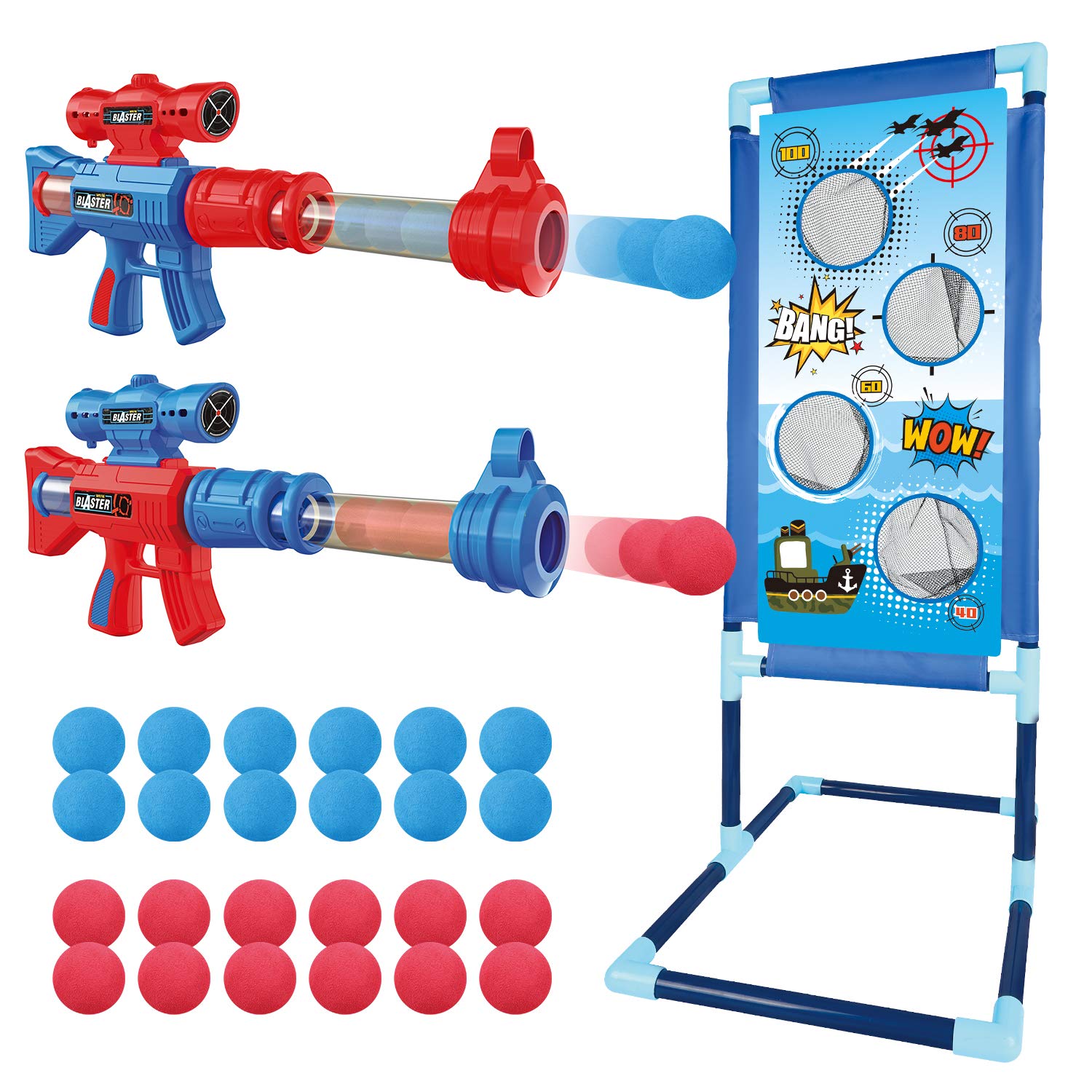 OleFun Shooting Game Toy for Age 5, 6, 7, 8,9,10+ Years Old Kids, Boys - 2 Foam Ball Popper Air Guns & Shooting Target & 24 Foam Balls - Ideal Gift - Compatible with Nerf Toy Guns