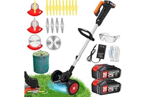 ASTARNING Electric Weed Wacker Eater Cordless Battery Powered, 21V Lightweight No-String Weed Trimmer with 2 Battery Operated & Wheels, 3 in 1 Stringless Grass Trimmer/Edger/Brush Cutter for Garden Yard Lawn