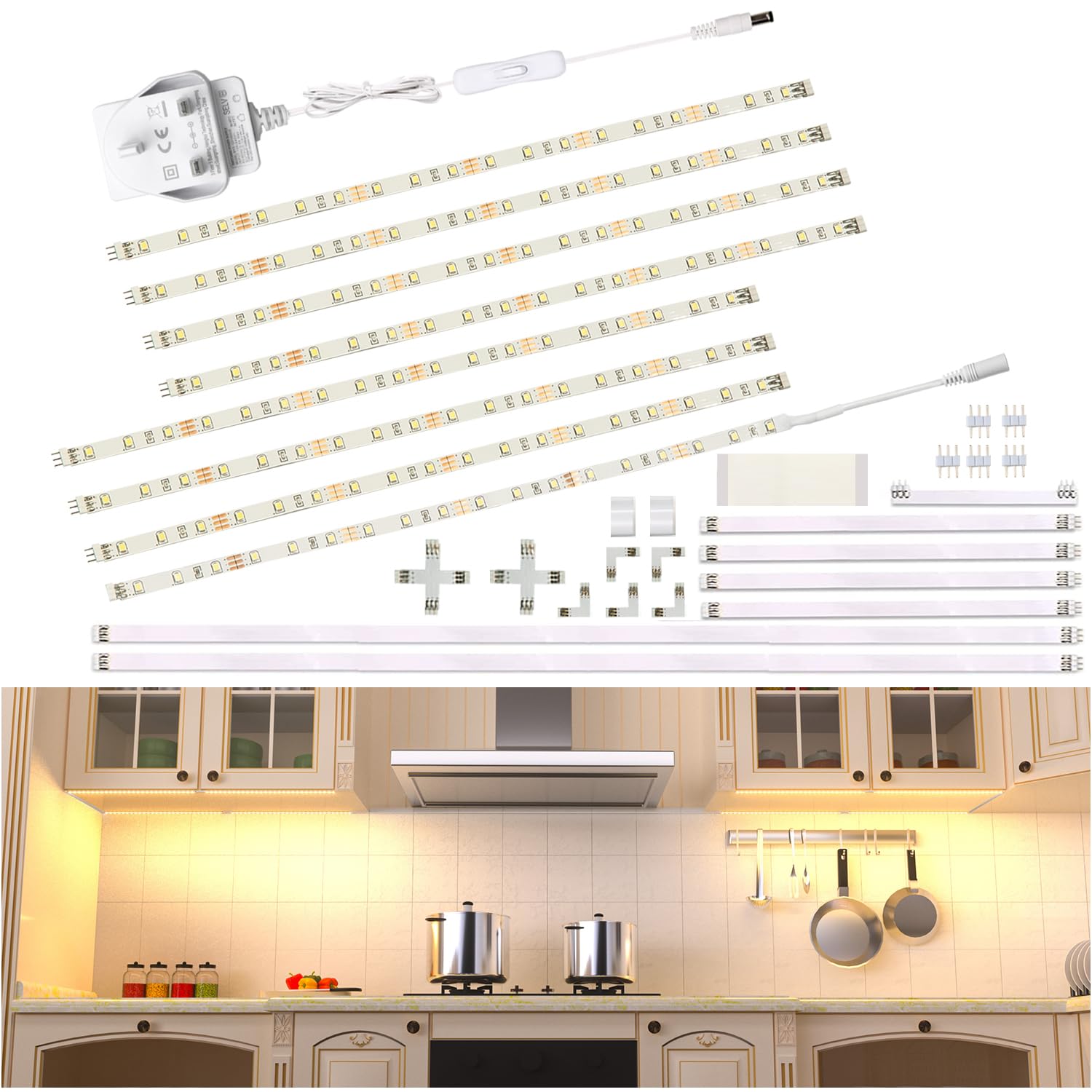 WOBANE Under Cabinet Lighting Kit,Flexible 8 x 30cm LED Strip Lights,Under Counter Lights for Kitchen,Cupboard,Desk,Monitor Back,Shelf,DIY Tape Light,2700K WarmWhite,12v Adapter & Variety Connectors