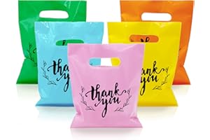 KEEPARTY 100 PCS Small Thank You Merchandise Bags Plastic Goodie Bags Party Favor Bags for Birthday Party Baby Shower Wedding Merchandise Gifts Trade Shows (Five Colors)