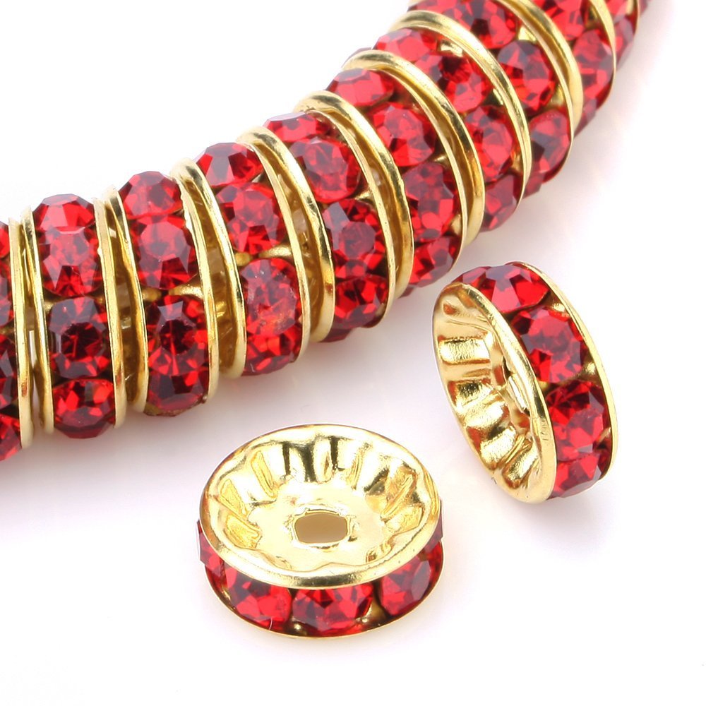 RUBYCA 100pcs Round Rondelle Spacer Bead Gold Tone 10mm Light Siam Red Czech Crystal — image 1