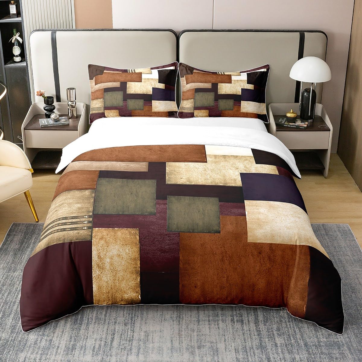 Geometric Kids Buffalo Check Comforter Set - 100% Cotton Modern Abstract Art Duvet Cover & Quilt - King