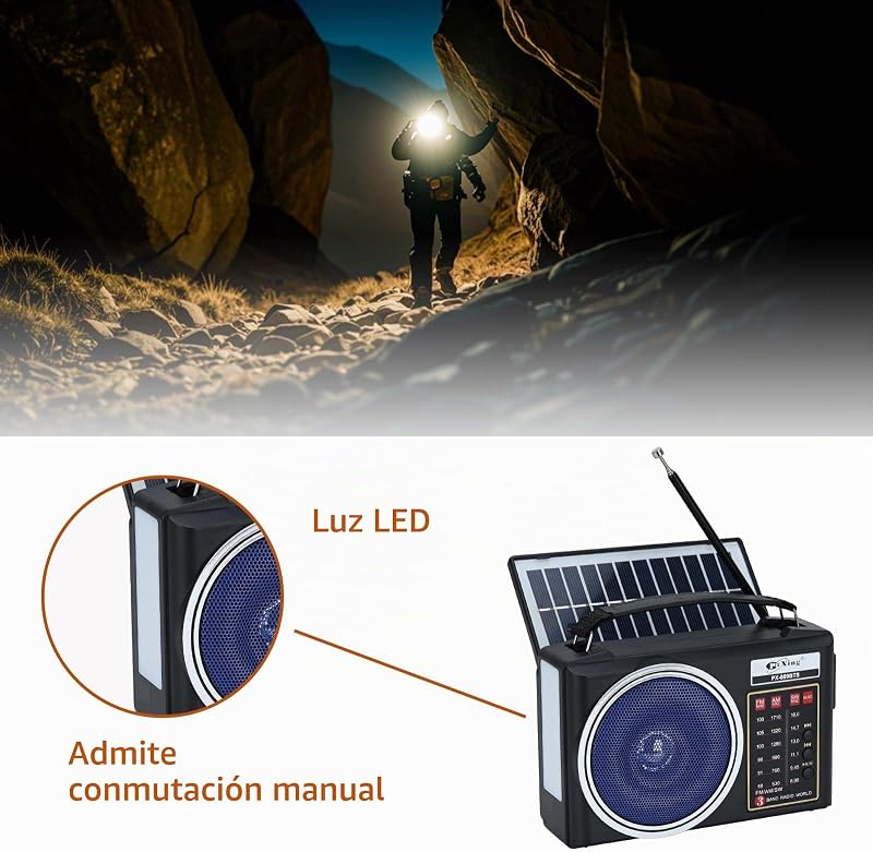 Radio Am/FM/SW Bluetooth Retro portátil y compacta con Panel Solar, iluminación LED portátil, batería Recargable, Reproductor MP3 Compatible con Tarjeta TF/USB (Azul) — foto 4 de 7