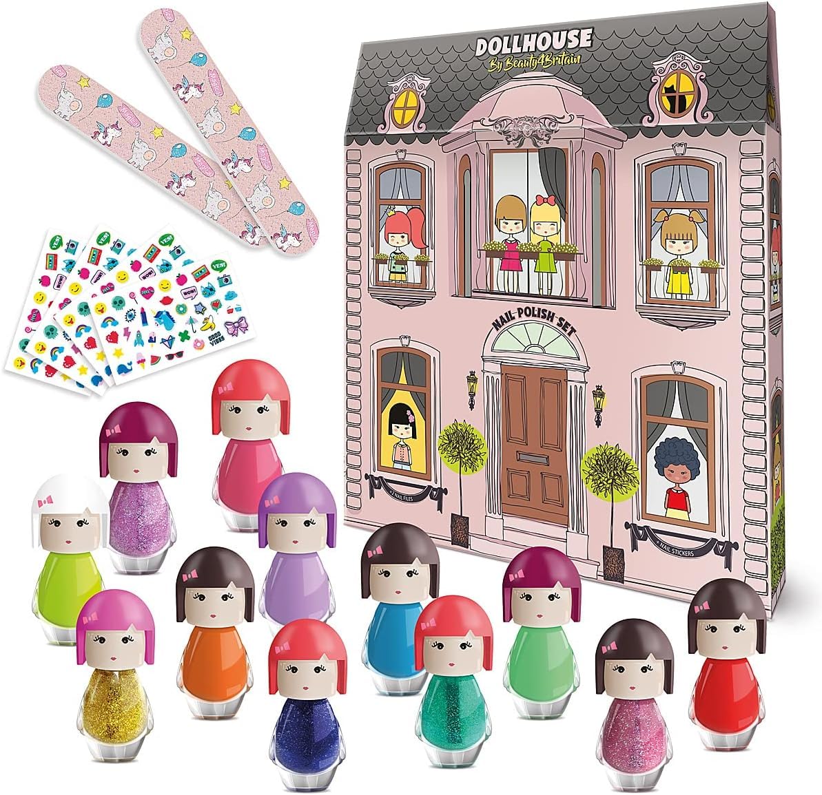 beauty4britain Kids Nail Polish Set 12 Non-Toxic Peel-Off Nail Polishes 2 Nail Files & Nail Stickers Quick Dry Scented Nail Polish