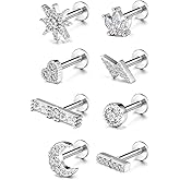 BOPREINA 8PCS 16G Cartilage Earring Stud for Women Stainless Steel Helix Tragus Earrings Cartilage Earrings Cubic Zirconia Tragus Helix Piercing Studs for Women Men Piercing Jewelry