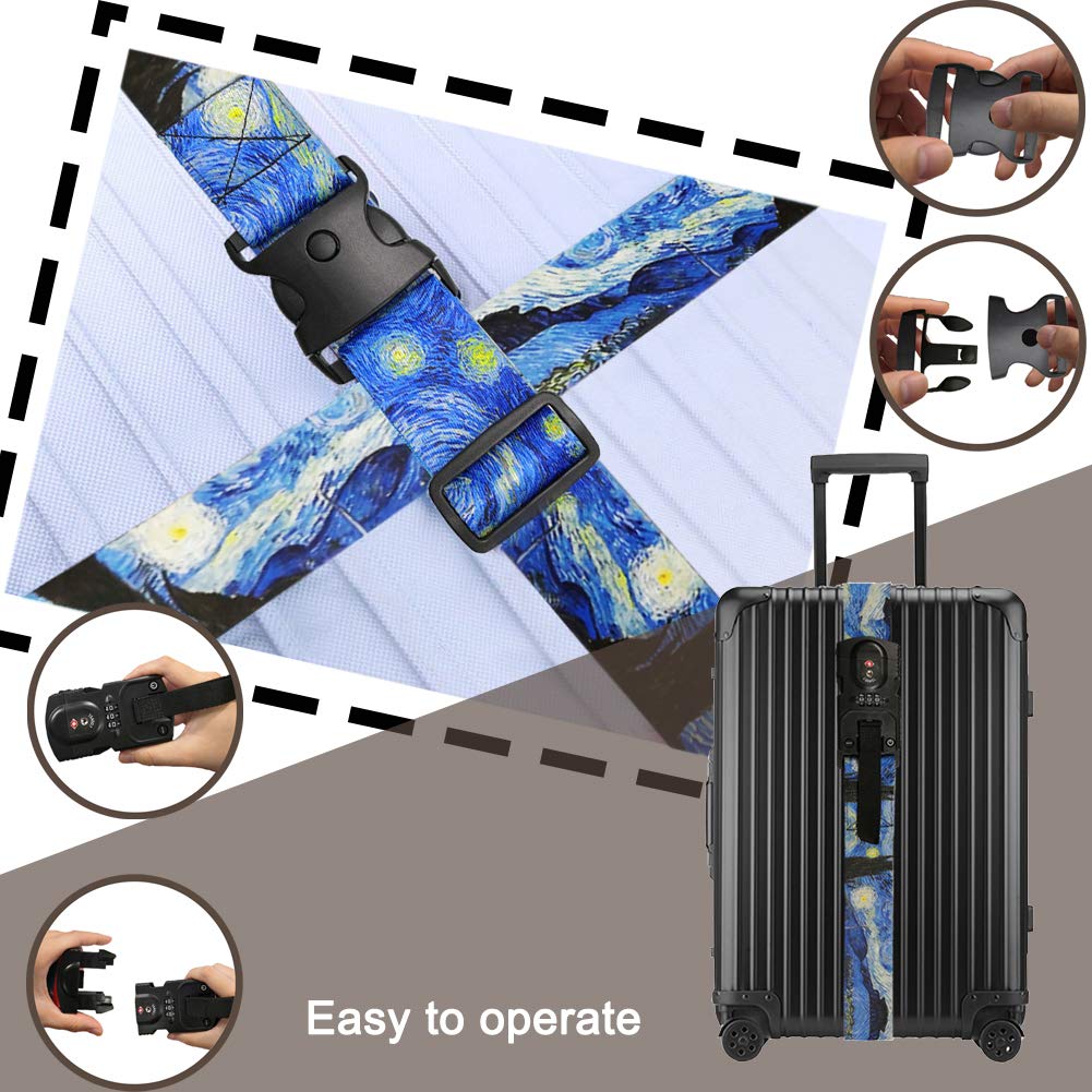 Luggage Straps Luggage Belt Non-slip Combination Lock Digital Scale TSA Compliant Van Gogh Sunflower Print Travel Suitcase Straps Accessories(Starry Night Printed)