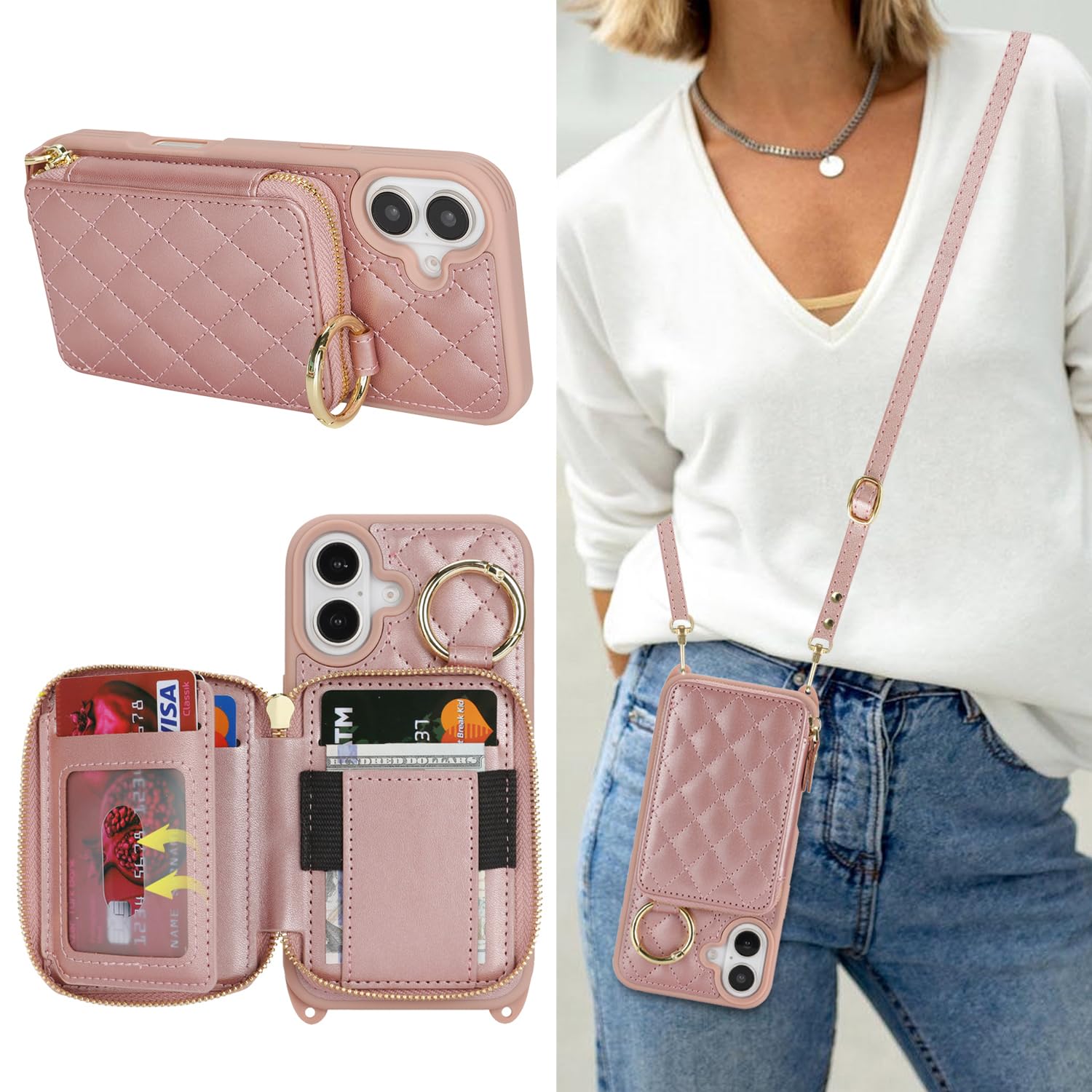 Hamany Crossbody Wallet Case for iPhone 17, PU Leather Zipper Handbag Purse Flip Cover, Kickstand Folio Case with Card Slots Holder Wrist Strap Lanyard 5G 6.3 Inch-Rose Gold