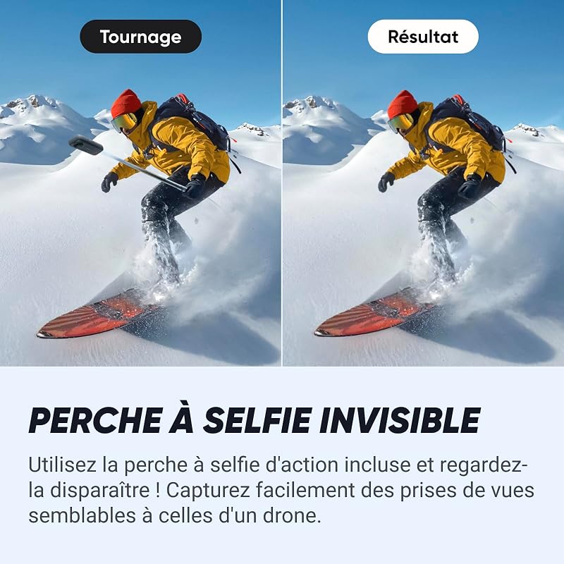 X4 Pack Snowboard - Caméra d'action 360 8K étanche, vidéo Grand Angle 4K, Perche à Selfie Invisible, protège-objectifs Amovibles, 135 Min d'autonomie, édition IA, stabilisation, pour Sport