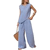 EXLURA Womens Summer Two Piece Sets Cotton Asymmetrical Tank Tops Wide Leg Pants Set Faux Linen Beach Vacation Cruise Outfits