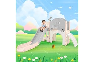 Virubi 7 in 1 Toddler Slide Playset, Climbing Toys Indoor Outdoor for Toddlers 1-3, Kid Slide with Ring Toss, Basketball Hoop & Telescope, Kid Playground (Pink)