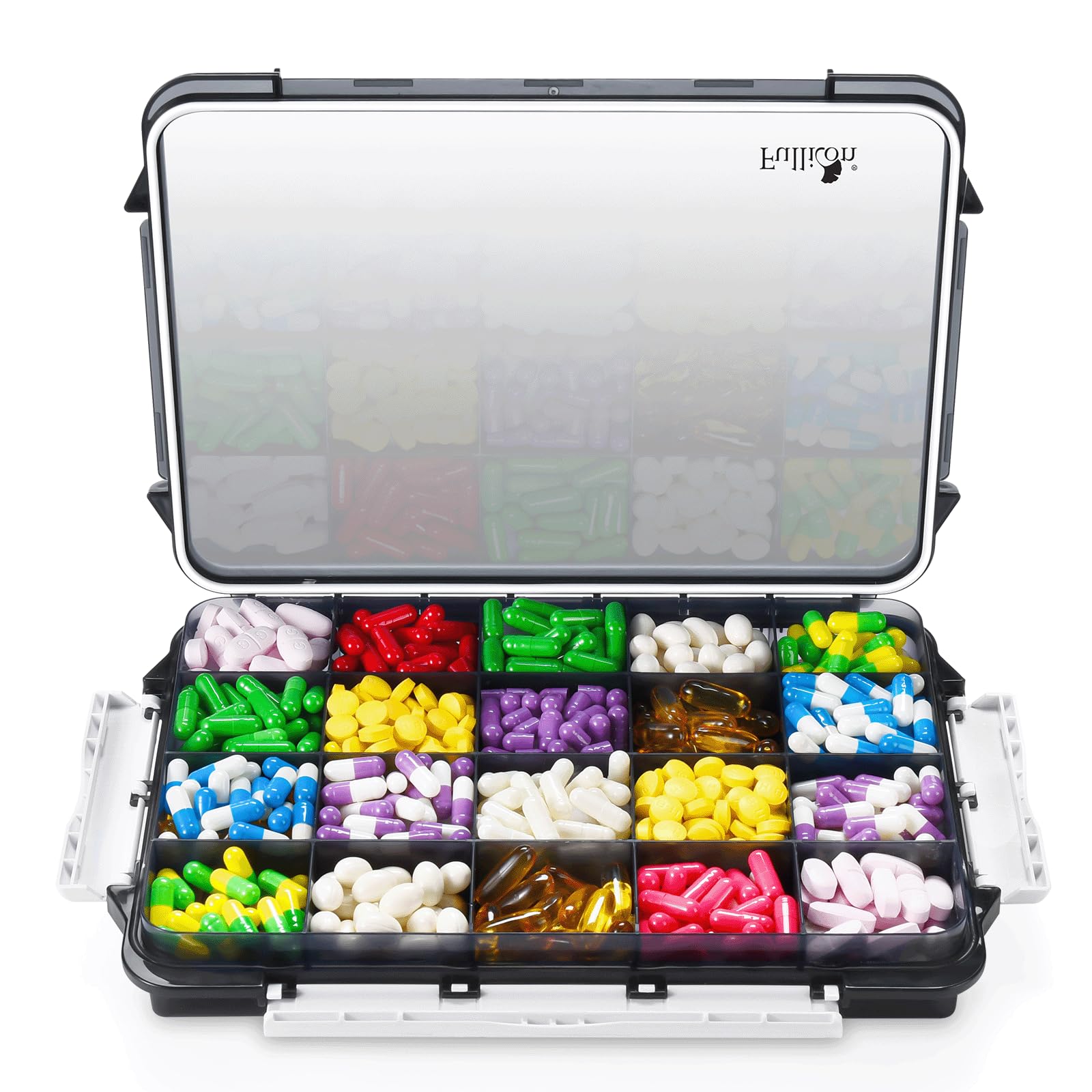 Photo 1 of Fullicon Extra Large Pill Organizer with Moisture Proof Design, Travel Jumbo Pill Box with 20 Compartment, Supplement Organizer for Vitamins with 3 Secured Buckles (Black)