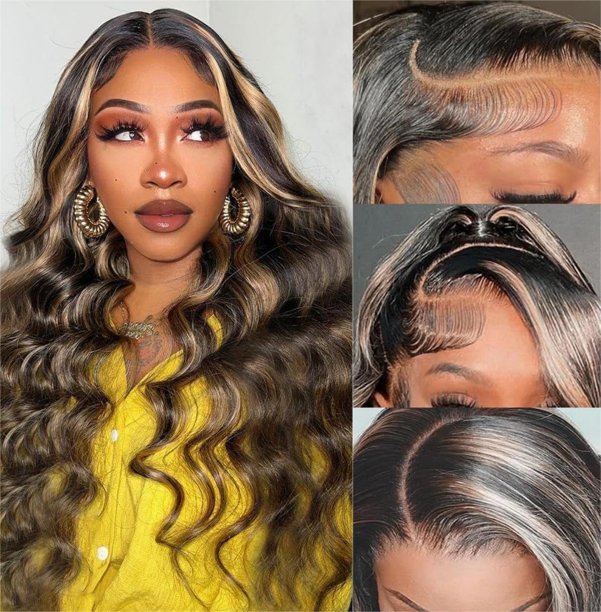 Sexycat Highlight Ombre Body Wave 13x4 HD Glueless Lace Front Wigs for Women Human Hair，#1B/27 Black Blonde Pre Plucked with Baby Hair 150% Density Brazilian Virgin Hair Wig 16 Inch
