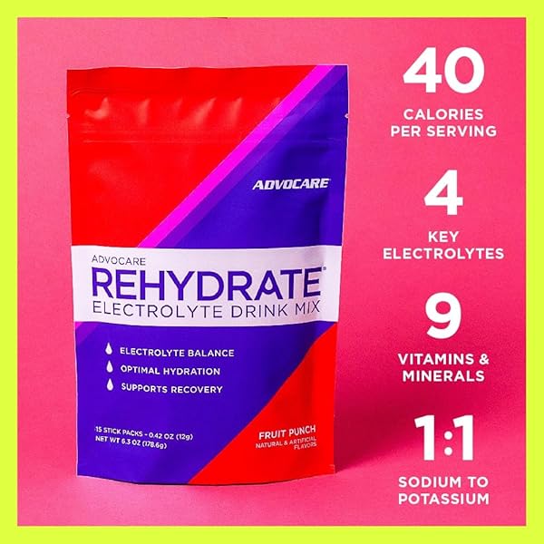 ADVOCARE REHYDRATE – ELECTROLYTE DRINK MIX – INCLUDES MAGNESIUM, SODIUM, POTASSIUM & CALCIUM – ANTIOXIDANT & AMINO ACID FORTIFIED – HYDRATION & RECOVERY – FRUIT PUNCH, 15 STICK PACKS (6.3 OZ)