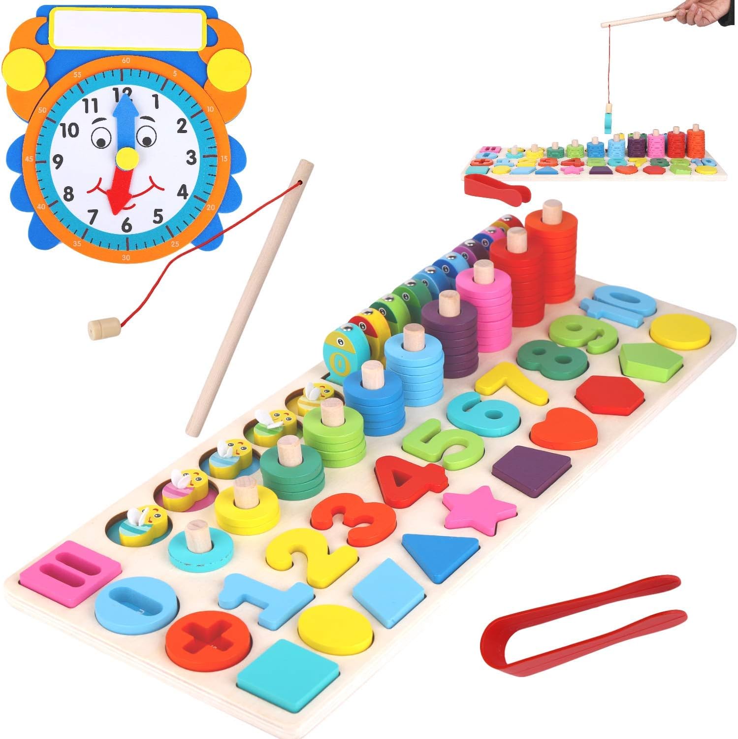 ASHER AND OLIVIA Wooden Montessori 7-1 Puzzle Set – Math, Number, Shape, Picking, Stacking, Counting, Fishing Set with Learning Clock