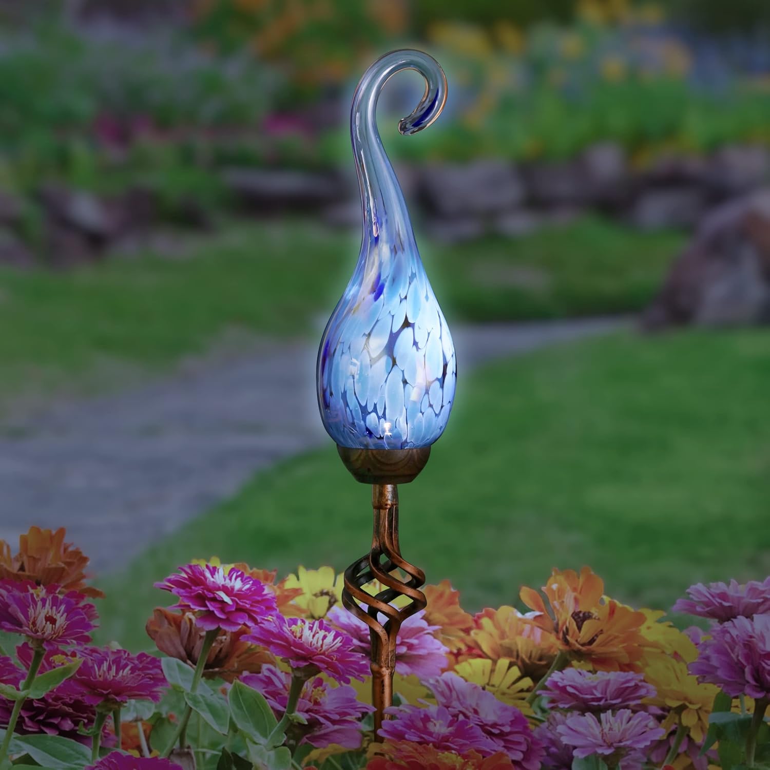 Decorative Garden Stakes - Exhart Garden Solar Lights, Decorative LED Flame Garden Stake, Hand Blown Glass and Metal Outdoor Decoration, Spiral Light Blue, 3 x 36 Inch