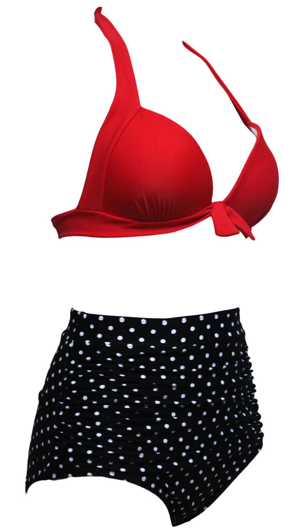 GaoZhuang Women Plus Size Vintage Polka Dot Halter High Waisted Bikini Swimsuit Set (Red, XXXL)