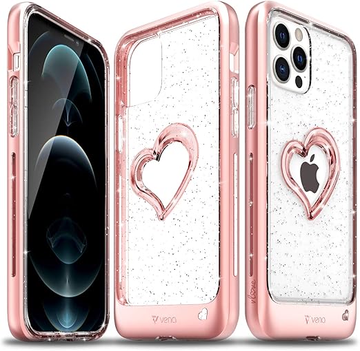 Amazon Com Vena Vlove Glitter Clear Case Compatible With Apple Iphone 12 Iphone 12 Pro 6 1 Inch Heart Shape Cornerguard Protection Dual Layer Slim Hybrid Clear Bumper Case Cover Rose Gold