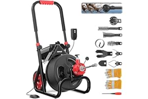 POPULO 75 ft x 1/2 inch Upgraded Electric Sewer Drain Snake Auger with 8 Cutters and 1 Root Killer, for 2-4 inch Pipes, Auto Feed Plumbing Drain Cleaner Machine, PEDC-75 Generation Two