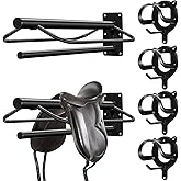 Paterr 6 Pack Saddle Rack Wall Mount with Pad Bar Horse Bridle Rack Metal Bracket Bridle Hooks Detachable Portable Saddle Stand Tack Storage for Western Horse Trailer Stall Supplies Accessories